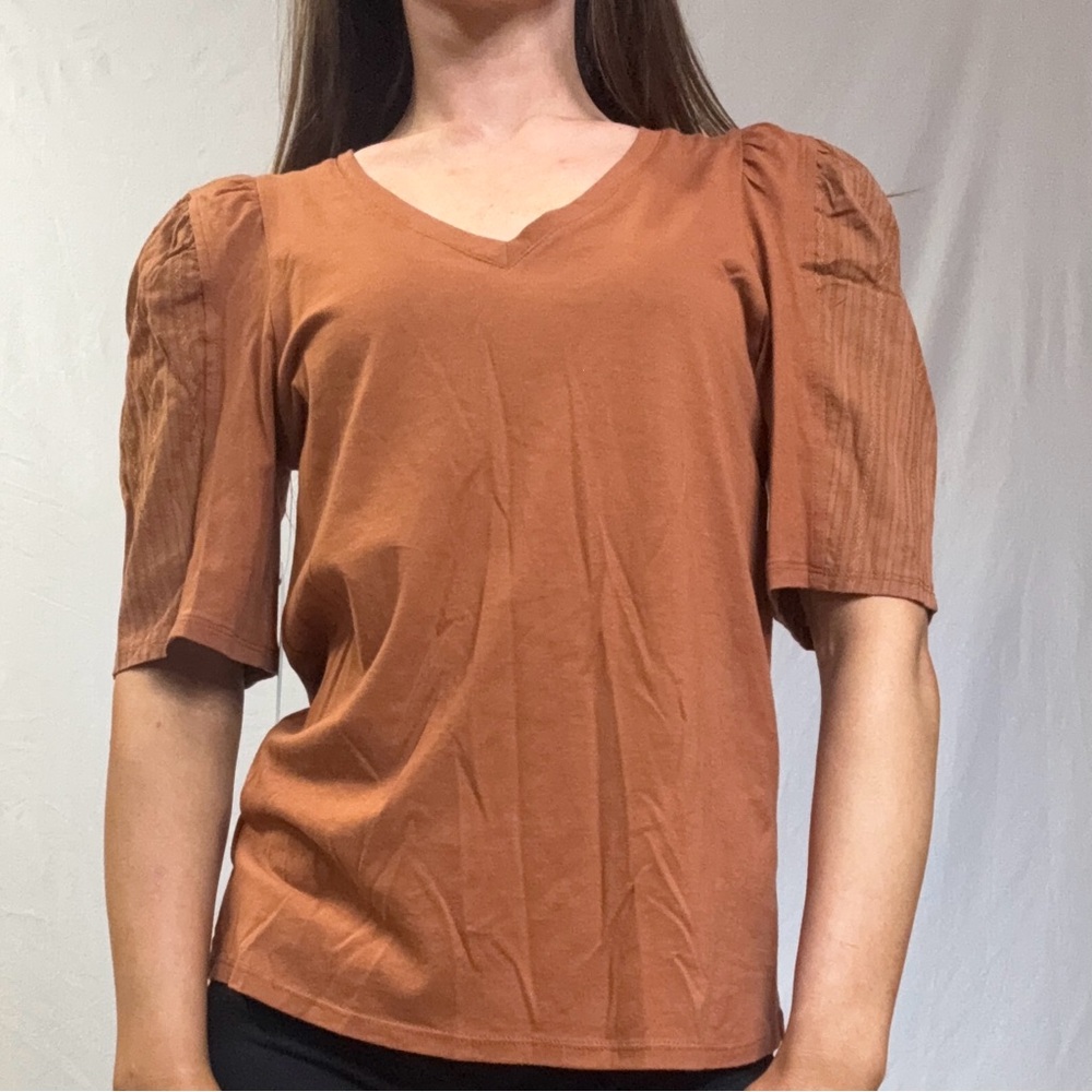 Rust Puff Sleeve V-Neck Women's Top